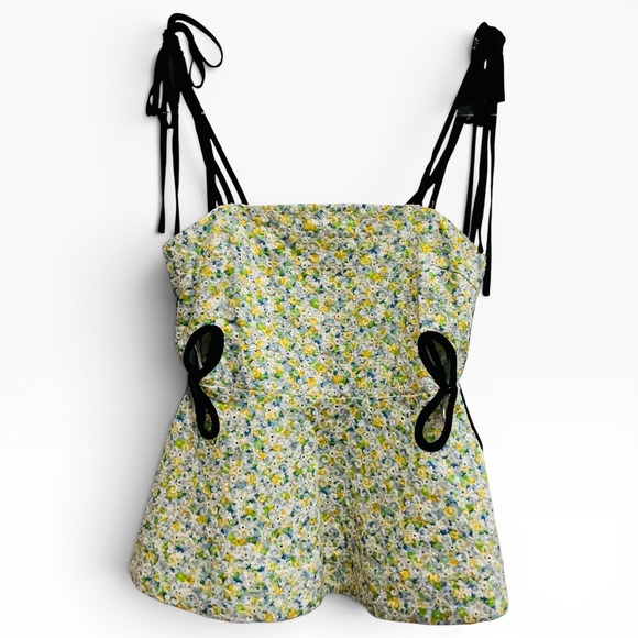 English Factory Tops - NWT English Factory Floral Eyelet Peplum Top XS Yellow Blue Side Cutouts